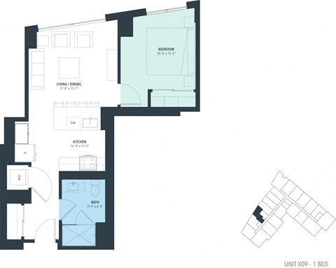 Floor plan for 1 bed, 1 bath, 666 sqft