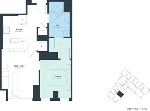 Floor plan for 1 bed, 1 bath, 732 sqft