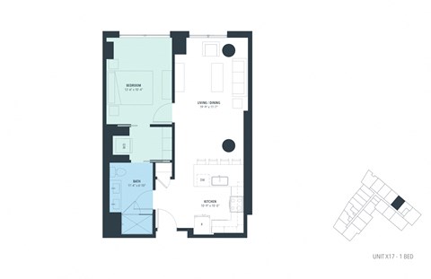 Floor plan for 1 bed, 1 bath, 731 sqft