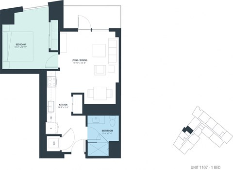 Floor plan for 1 bed, 1 bath, 733 sqft