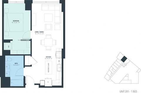 Floor plan for 1 bed, 1 bath, 742 sqft