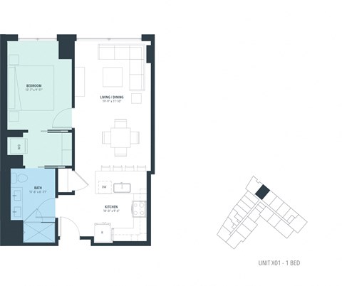 Floor plan for 1 bed, 1 bath, 746 sqft