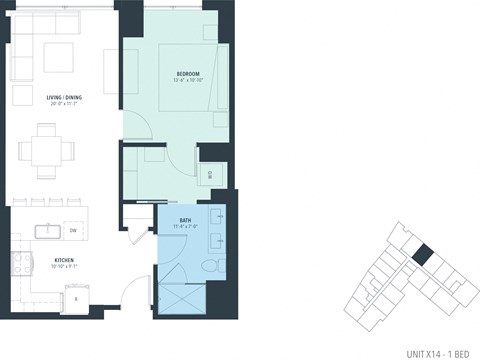 Floor plan for 1 bed, 1 bath, 753 sqft