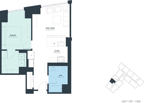 Floor plan for 1 bed, 1 bath, 753 sqft