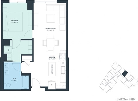 Floor plan for 1 bed, 1 bath, 754 sqft