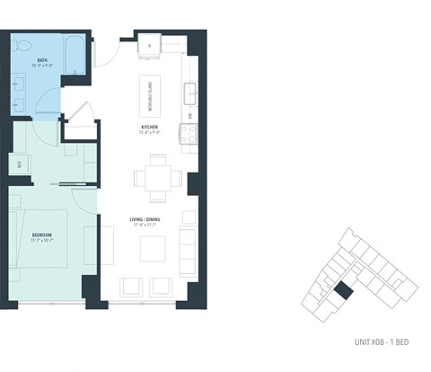 Floor plan for 1 bed, 1 bath, 771 sqft