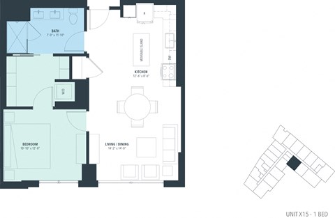 Floor plan for 1 bed, 1 bath, 789 sqft