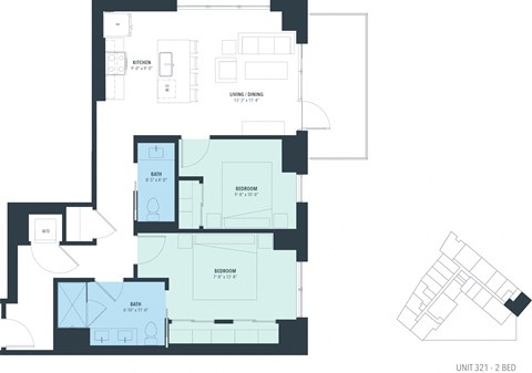 Floor plan for 2 beds, 1.5 baths, 1022 sqft
