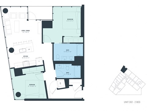 Floor plan for 2 beds, 2 baths, 1052 sqft