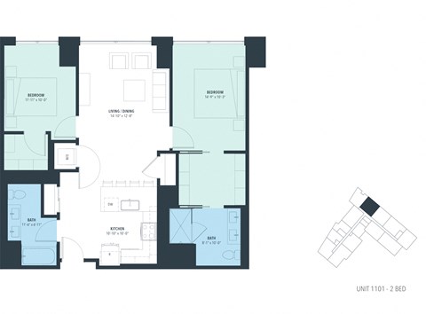 Floor plan for 2 beds, 2 baths, 1136 sqft