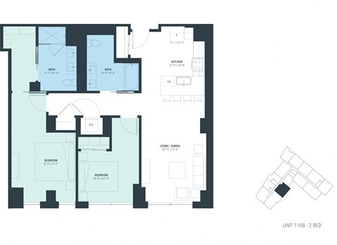 Floor plan for 2 beds, 2 baths, 1151 sqft