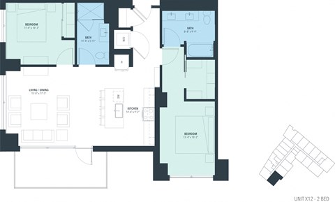 Floor plan for 2 beds, 2 baths, 1158 sqft