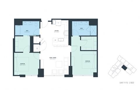 Floor plan for 2 beds, 2 baths, 1160 sqft