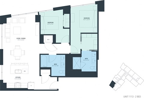 Floor plan for 2 beds, 2 baths, 1198 sqft
