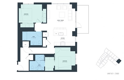 Floor plan for 2 beds, 2 baths, 1218 sqft