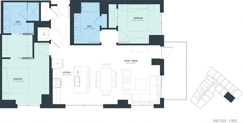 Floor plan for 2 beds, 2 baths, 1226 sqft