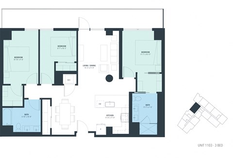 Floor plan for 3 beds, 2 baths, 1355 sqft