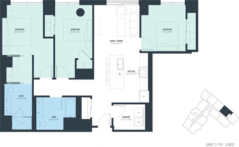 Floor plan for 3 beds, 2 baths, 1358 sqft