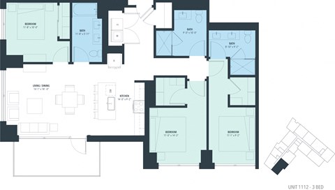 Floor plan for 3 beds, 3 baths, 1498 sqft