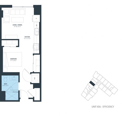 Floor plan for studio, 1 bath, 544 sqft