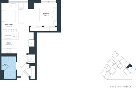 Floor plan for studio, 1 bath, 608 sqft