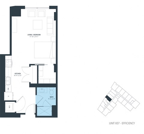 Floor plan for studio, 1 bath, 619 sqft