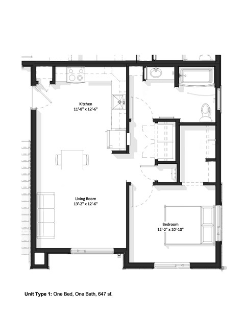 Floor plan for 1 bed, 1 bath, 647 sqft