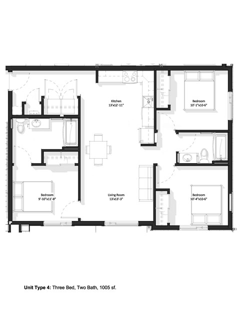 Floor plan for 3 beds, 2 baths, 1006 sqft