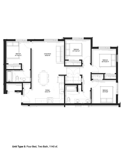 Floor plan for 4 beds, 2 baths, 1148 sqft