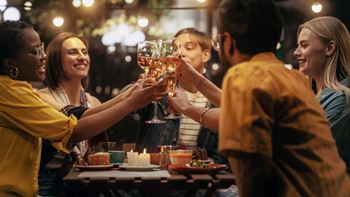 A group of people toasting with glasses of wine at a dinner table.