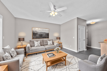 Urbandale condo for rent - A living room with a grey couch, a coffee table, and a painting on the wall.