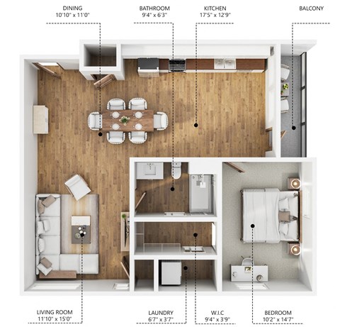 Floor plan for 1 bed, 1 bath, 691 sqft