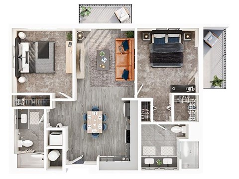 Floor plan for 2 beds, 2 baths, 937 sqft