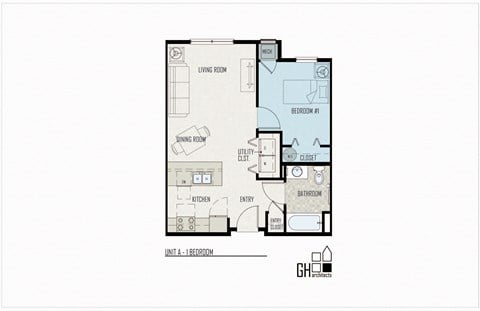 Floor plan for 1 bed, 1 bath, 600 sqft