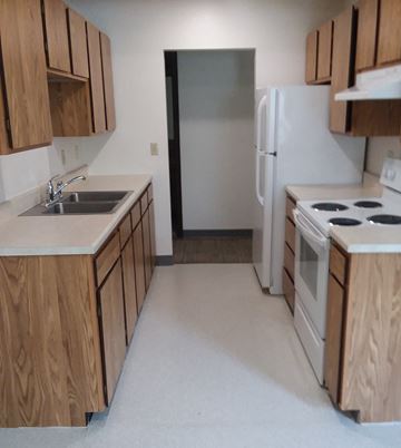Superior apartment for rent - an empty kitchen with a stove refrigerator and sink