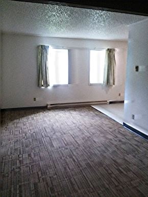 Superior apartment for rent - Image of carpeted room with two windows and base board heater