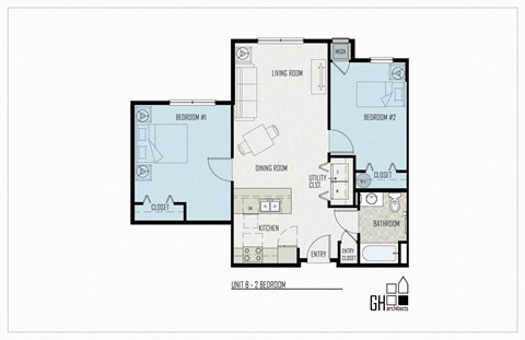 Floor plan for 2 beds, 1 bath, 782 sqft