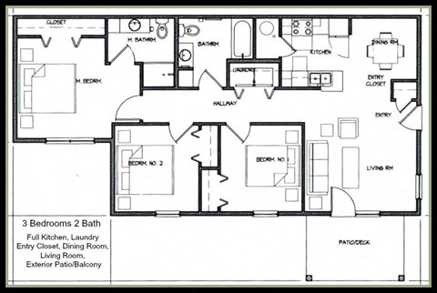 Floor plan for 3 beds, 2 baths, 1117 sqft