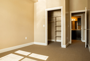 Boise apartment for rent - a bedroom with a closet and a bathroom in the background