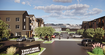 Helena apartment for rent - A rendering of a Twin Creek Apartments complex with cars parked in the driveway.