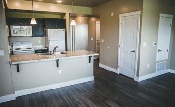 Caldwell apartment for rent - a kitchen with a counter and a sink and a refrigerator