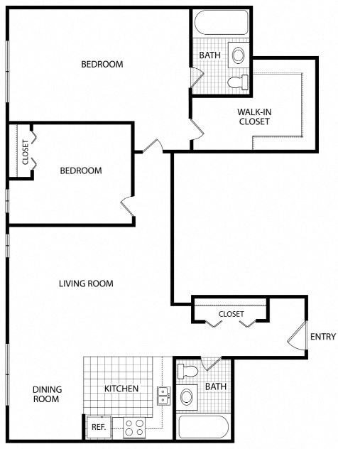 Floor plan for 2 beds, 2 baths, 668 sqft