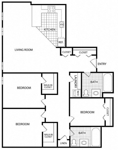 Floor plan for 3 beds, 2 baths, 597 sqft