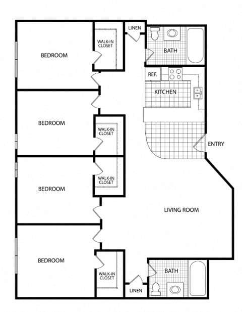 Floor plan for 4 beds, 2 baths, 665 sqft