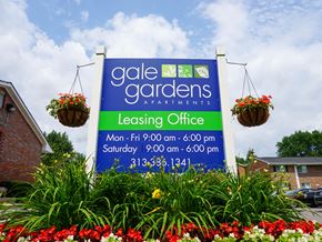 Melvindale apartment for rent - Gale Gardens Leasing Office sign with flower landscaping