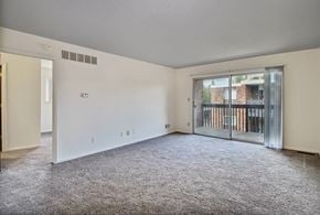 Flint apartment for rent - A spacious room with a grey carpet and a sliding glass door leading to a balcony.