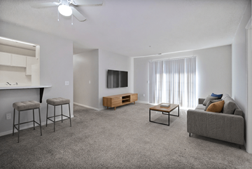 Kalamazoo apartment for rent - A living room with a grey carpet and furniture.