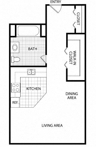 Floor plan for studio, 1 bath, 617 sqft