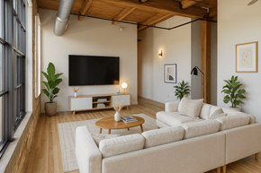 Grand Rapids apartment for rent - A living room with a large couch, a coffee table, and a flat-screen TV mounted on the wall.
