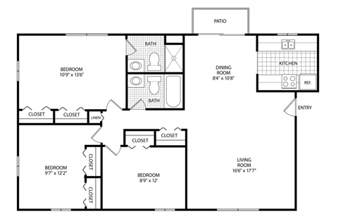 Floor plan for 3 beds, 2 baths, 1196 sqft